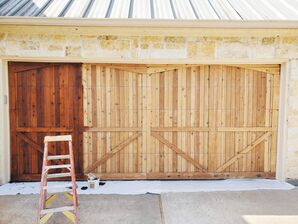 Before, During, & After Cedar Garage Door Staining in Shiloh Lakes, Richmond, TX (1)