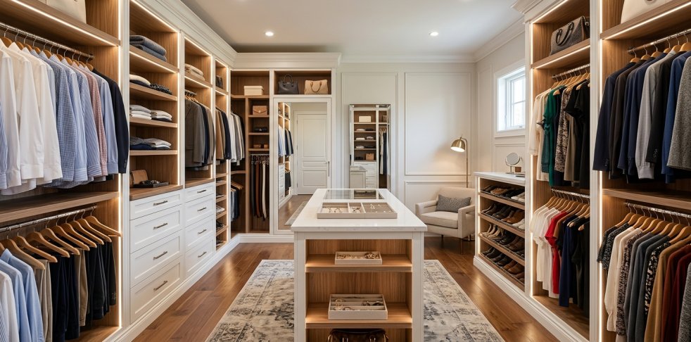 Custom walk-in closet with built-in shelves, hanging clothes, drawers, shoe storage, and center island