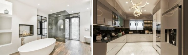 Modern bathroom with freestanding tub and glass shower beside a sleek contemporary kitchen